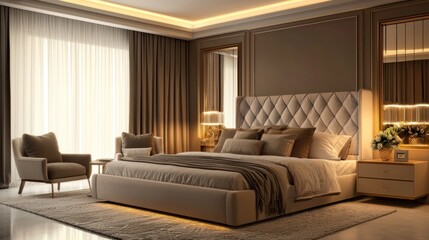 Elegant bedroom interior with designer furniture and soft lighting.