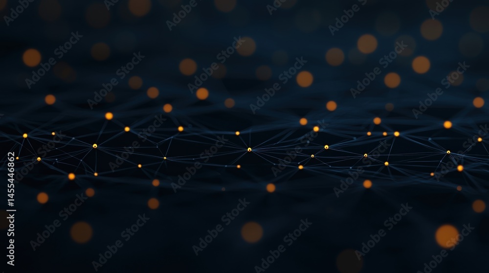 Aufkleber abstract digital network with glowing orange nodes connected by lines on a dark background.