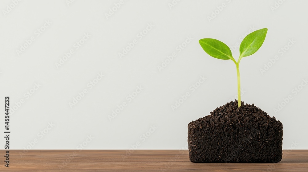 Poster a small green seedling with two leaves grows from a cube of soil on a wooden surface, symbolizing ne