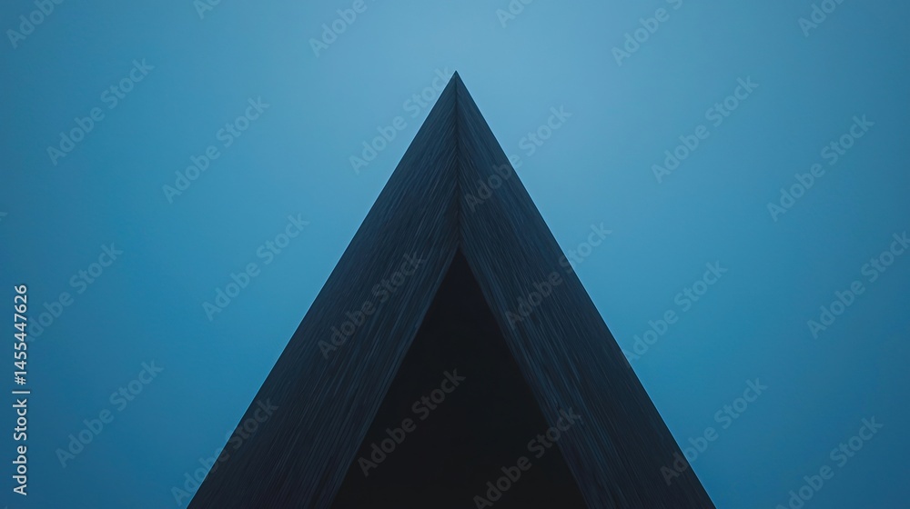 Poster a sharp triangular building peak silhouetted against a blue sky, creating a minimalist and geometric