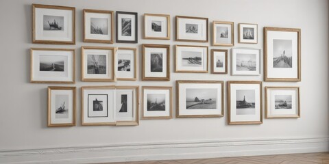 Elegant gallery wall mockup with diverse frames on white background ,  picture collage,  home staging,  template