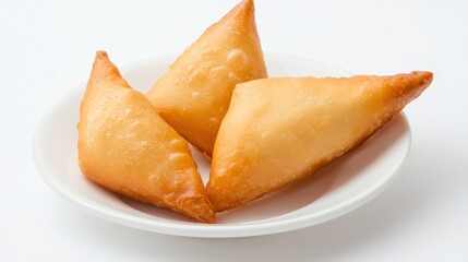 Three golden, crispy samosas are served on a white plate against a plain background.