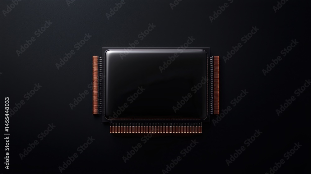 Poster a black integrated circuit chip with metallic connectors is displayed on a dark background.