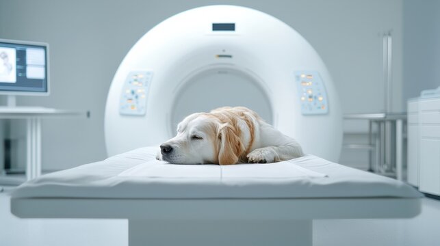 A dog is laying on a table in a hospital room