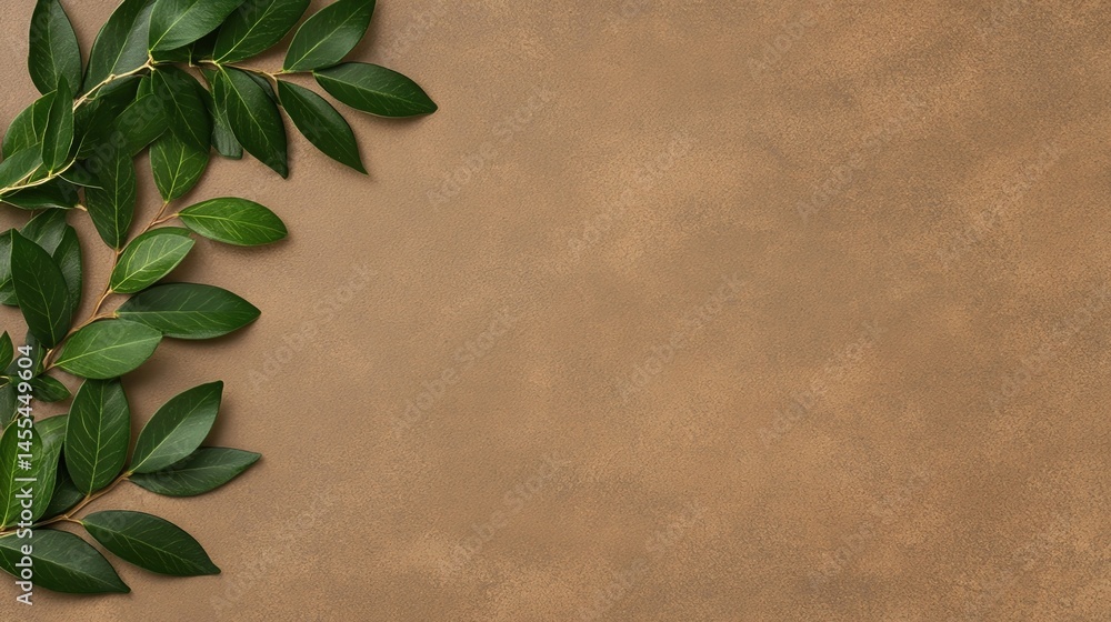 Poster green leaves on a brown textured background with empty space for text or design.