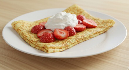 Delicious strawberry crepe recipe with whipped cream on a white plate for breakfast dessert treat
