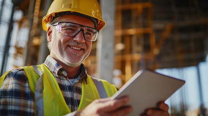 Close-up of senior civil engineer with gray hair, wearing safety glasses and helmet,  background of highway project site under construction, Ai generated images