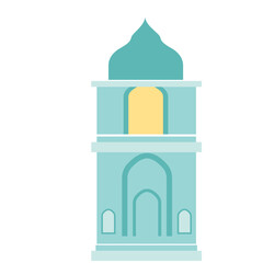 A teal-colored tower with a dome, featuring yellow accents and arched windows. A striking architectural illustration highlighting cultural and historical significance.