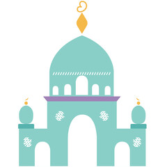 A stylized mosque illustration with a large teal dome, golden ornaments, and arched entrances, representing Islamic architecture and cultural significance in a modern artistic style.