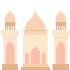 A artistic mosque illustration featuring a large central dome, two symmetrical minarets, and arched entrances, highlighting Islamic architecture with a minimal and traditional design.