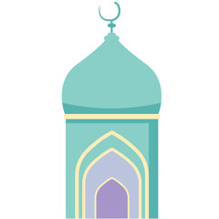 A stylized mosque illustration with a large teal dome, crescent moon, and layered arched entrance, representing Islamic architecture in a modern artistic style.