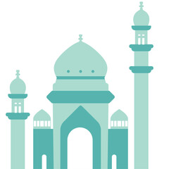 A stylized mosque illustration featuring a large central dome, multiple minarets, and an arched entrance, emphasizing Islamic architecture and cultural heritage in an artistic format.