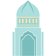 A stylized mosque illustration featuring a large teal dome, arched windows, and a grand entrance, highlighting Islamic architecture with a cultural and historical essence.