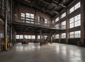 Industrial loft space, high ceilings, exposed metalwork, steel, shadow, urban