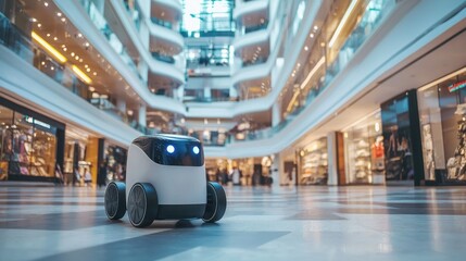 An autonomous delivery robot navigating through a shopping mall.