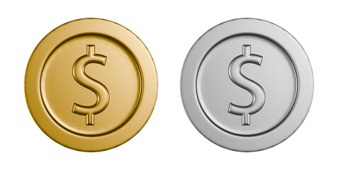 ドル通貨の金貨と銀貨。透過されたコインの3DCGイラスト