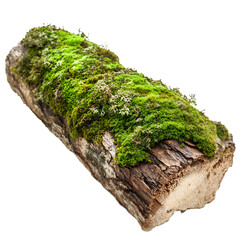 A log with moss on it sitting on top of a white background 
