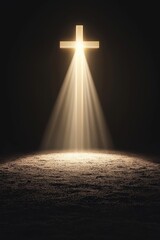 Naklejka premium A cross is lit up in a dark room, with rays of light shining on it