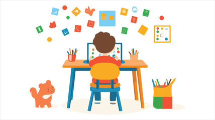 vector cartoon kids playing tablet