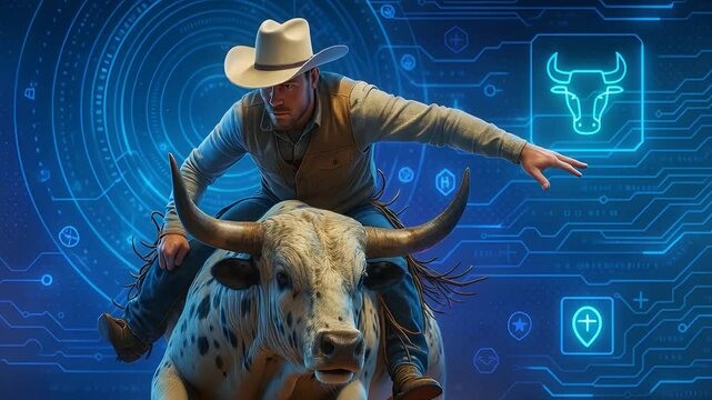 Futuristic Bull Riding Cowboy with Digital Animal Interface and Smart Cattle Control Technology in Blue Circuit Scene

