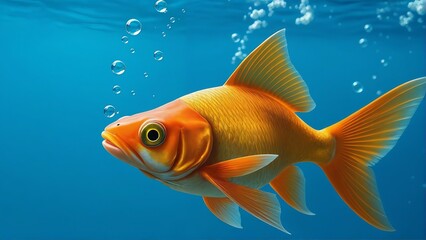 Vibrant Goldfish Swimming Underwater with Air Bubbles on Blue Background, High-resolution image of a brightly colored goldfish swimming gracefully underwater, surrounded by air bubbles.