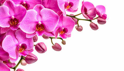 Vibrant pink orchid flowers, isolated on white background, perfect for greeting cards, websites, or blogs.  Stunning botanical image, showing rich color and detail.