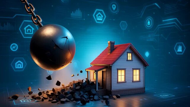 Futuristic House Demolition with Wrecking Ball and Digital Smart Home Technology Interface in Blue Scene

