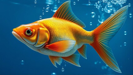 Vibrant Goldfish Swimming Underwater with Air Bubbles on Blue Background, High-resolution image of a brightly colored goldfish swimming gracefully underwater, surrounded by air bubbles.