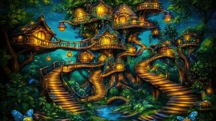 Obraz premium Enchanted Woodland Treetop Village at Night
