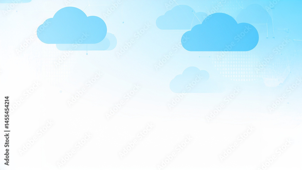 Poster stylized blue cloud icons float across a light blue gradient background, creating a clean and modern