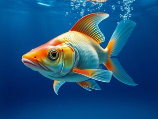 Vibrant Goldfish Swimming Underwater with Air Bubbles on Blue Background, High-resolution image of a brightly colored goldfish swimming gracefully underwater, surrounded by air bubbles.