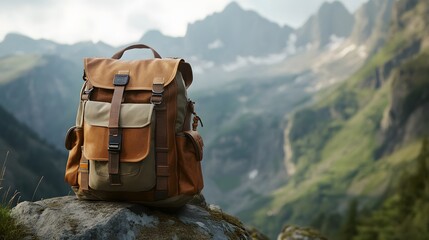 Travel Backpack: A stylish and rugged travel backpack displayed against a scenic mountain backdrop.
