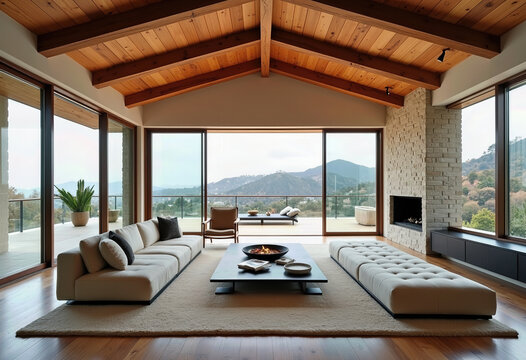 Japandi Design in LA: A Modern Hollywood Hills Living Room Featuring a Wooden Ceiling, Breathtaking Views, and a Tranquil Neutral Color Palette
