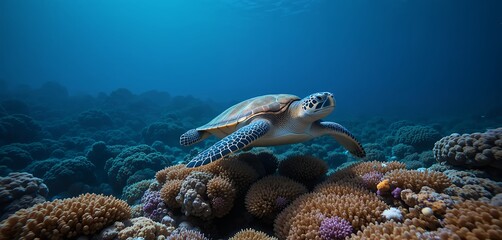 Naklejka premium Sea turtle swimming gracefully over a vibrant coral reef in clear blue ocean water