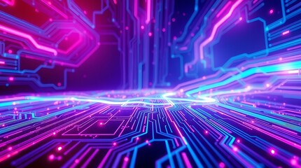 Obraz premium High-tech abstract background with holographic neon circuit board patterns. Ultra-HD 3D render, rich burgundy and deep blue, sophisticated and elegant, charming features