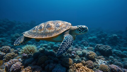Obraz premium Sea turtle swimming gracefully over a vibrant coral reef in clear blue ocean water
