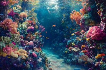 Naklejka premium Vibrant Ecosystem: A Kaleidoscope of Life on the Outer Reef in the Vast Blue Ocean