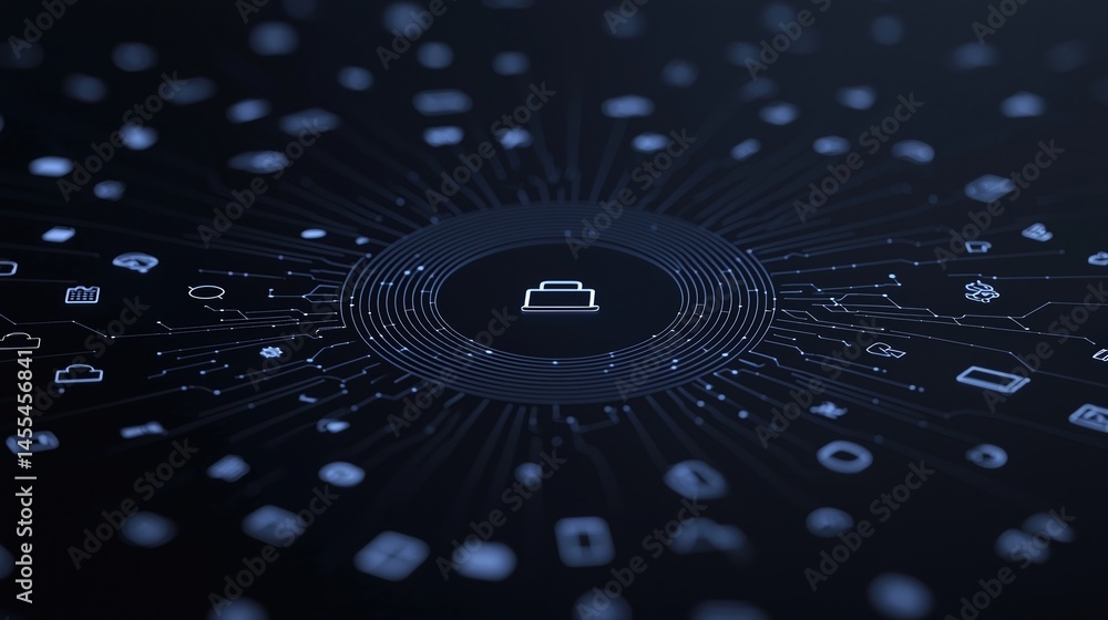 Aufkleber a digital network of interconnected icons radiates from a central technology hub on a dark backgroun