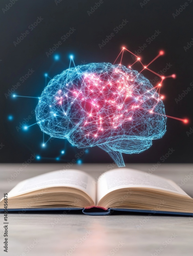 Poster ai powered nlp system visualized as giant brain above open book