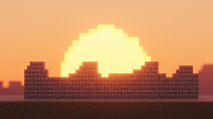 Pixelated brick wall with a digital-style sunset in the background, creating a retro, blocky landscape at dusk.