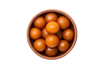 Delicious gulab jamun in a rustic wooden bowl against  transparent background