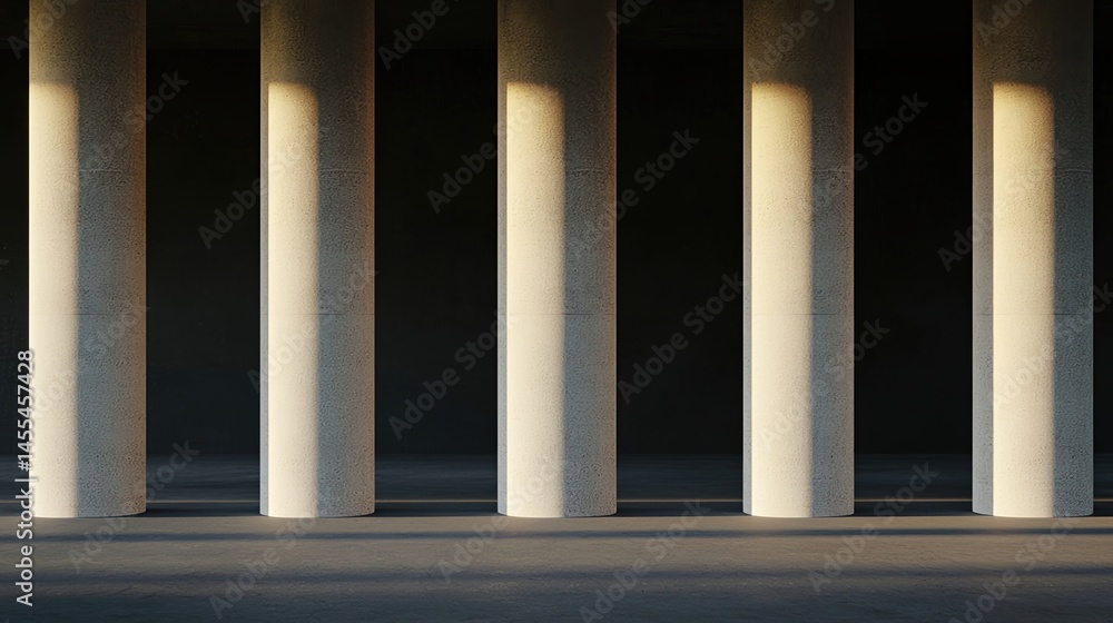 Poster tall concrete columns cast long shadows in a minimalist architectural space with soft natural lighti