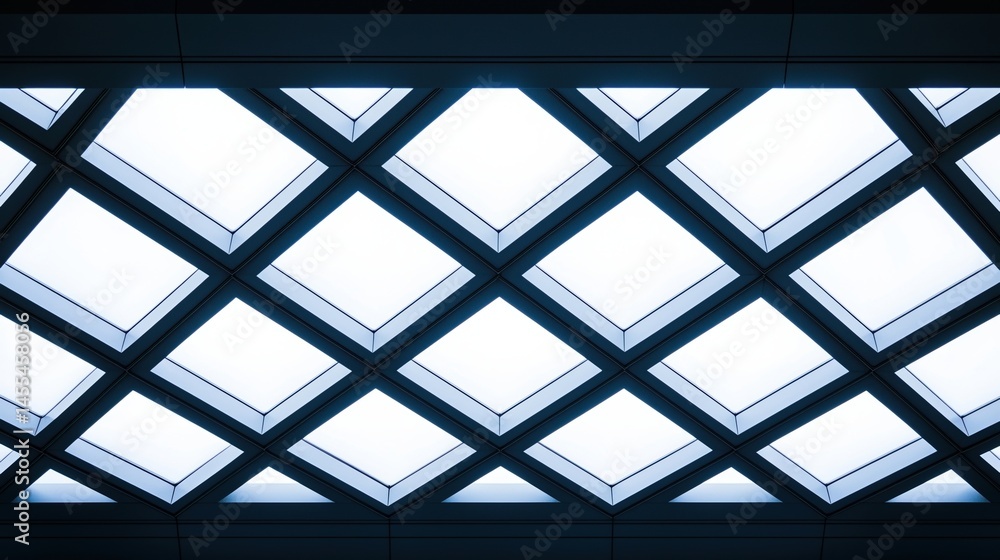Poster a modern ceiling with geometric, diamond-shaped skylights creating a bright and symmetrical architec