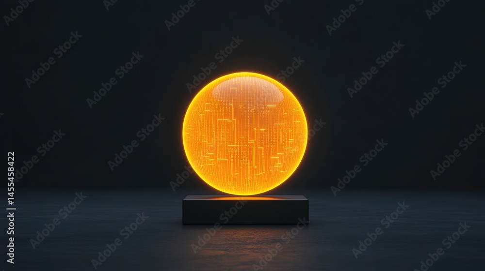 Poster a glowing orange sphere with a circuit-like pattern is displayed on a dark pedestal against a black 