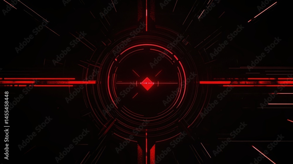 Poster futuristic red and black digital interface with geometric shapes and glowing circular elements in a 