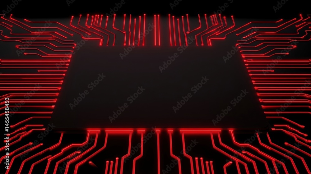 Poster a dark microchip with glowing red circuit lines radiating outward, symbolizing advanced technology a