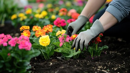 A couple planting flowers in a community garden.
