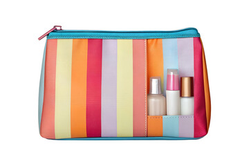 Colorful striped cosmetic bag with travel sized toiletries on a transparent background
