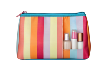 Colorful striped cosmetic bag with travel sized toiletries on a transparent background
