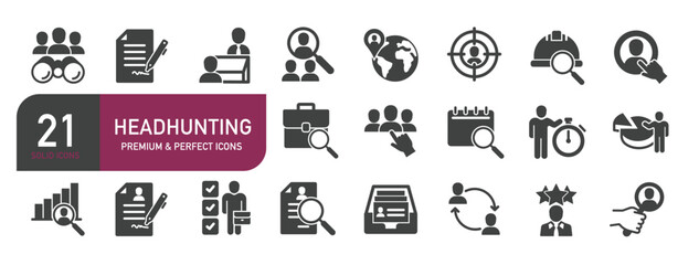 Set of glyph solid icons related to headhunting, recruitment, hiring, resume. Glyph solid icons collection. Vector illustration